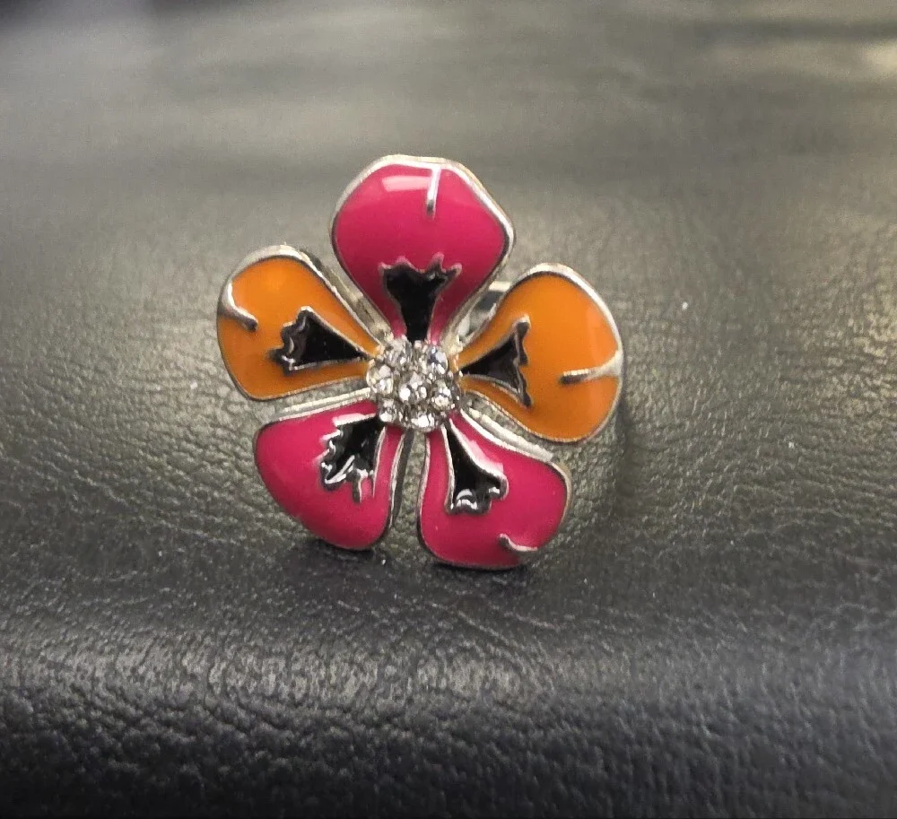 Flower Enamel Cocktail Ring - Pink & Orange